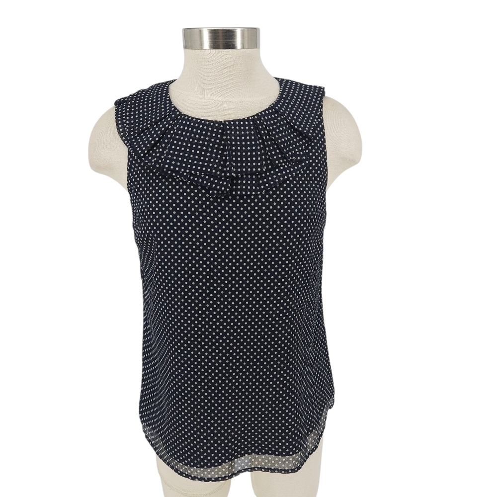 J.CREW Gabby Tank Top Silk Navy Polka Dot Sleeveless Pleated Ruffle Blouse 6